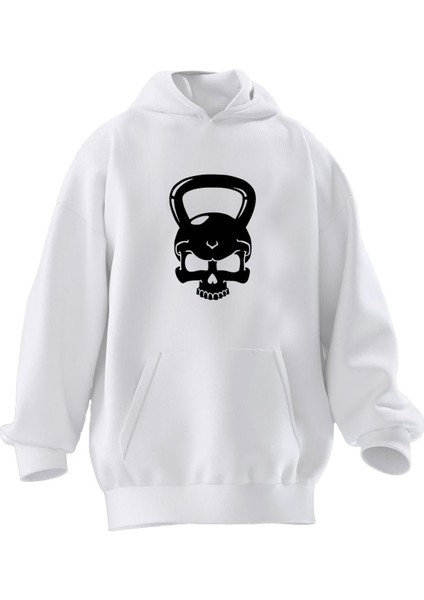 Unisex Premium Pamuk Beyaz Dumbell Kurukafa Baskılı 3 Iplik Kapüşonlu Sweatshirt