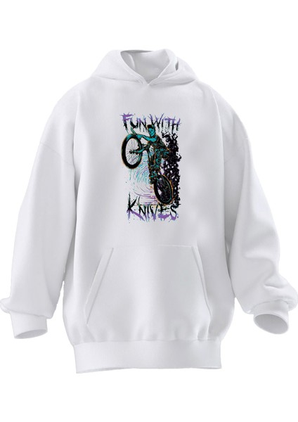 Unisex Premium Pamuk Beyaz Fun With Kurukafa Baskılı 3 Iplik Kapüşonlu Sweatshirt