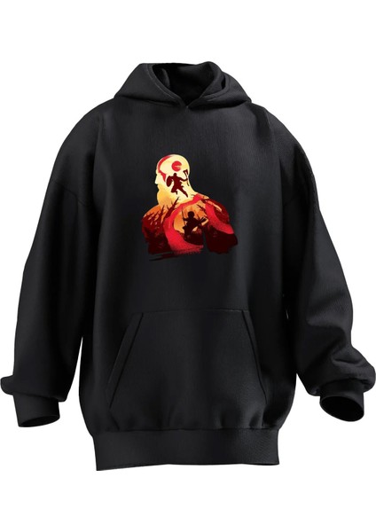 Unisex Premium Pamuk Siyah Sakallı Kel Savaşçı Baskılı 3 Iplik Kapüşonlu Sweatshirt