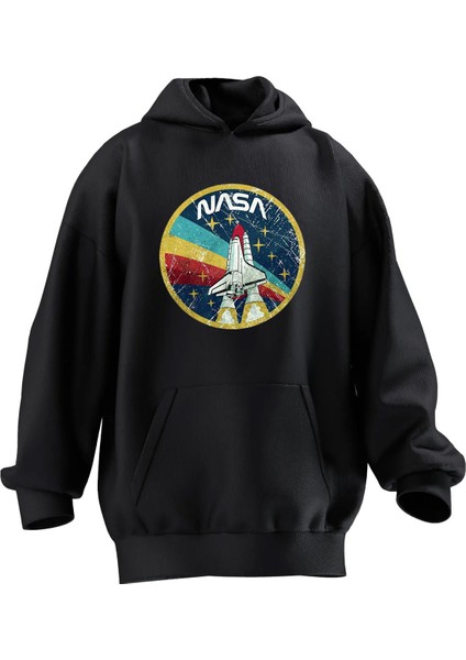 Unisex Premium Pamuk Siyah Nasa Araç Baskılı 3 Iplik Kapüşonlu Sweatshirt