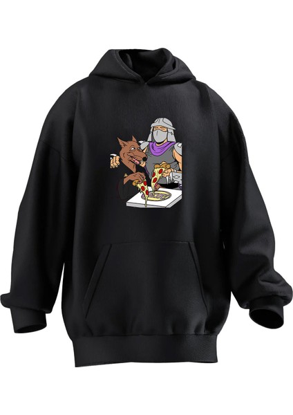 Unisex Premium Pamuk Siyah Splinter Usta Pizza Baskılı 3 Iplik Kapüşonlu Sweatshirt
