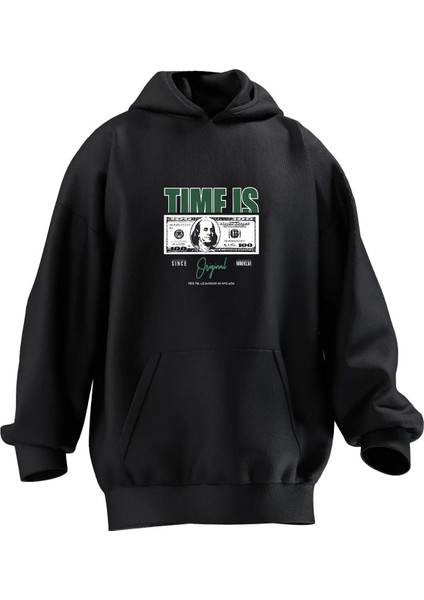 Unisex Premium Pamuk Siyah Times Dolar Baskılı 3 Iplik Kapüşonlu Sweatshirt