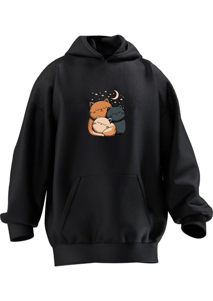 Unisex Premium Pamuk Siyah Huzurlu Üç Kedi Baskılı 3 Iplik Kapüşonlu Sweatshirt