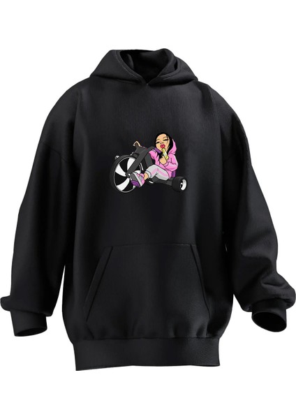 Unisex Premium Pamuk Siyah Pembe Bisikletli Kız Baskılı 3 Iplik Kapüşonlu Sweatshirt