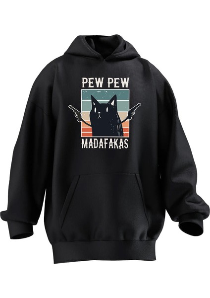 Unisex Premium Pamuk Siyah Pew Pew Kedi Baskılı 3 Iplik Kapüşonlu Sweatshirt