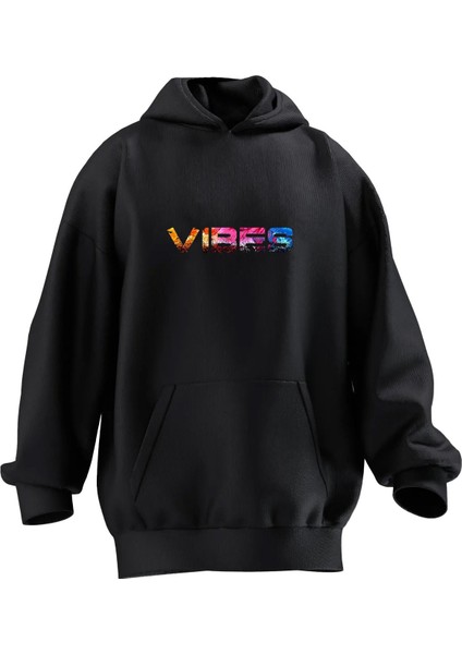 Unisex Premium Pamuk Siyah Vibes Baskılı 3 Iplik Kapüşonlu Sweatshirt
