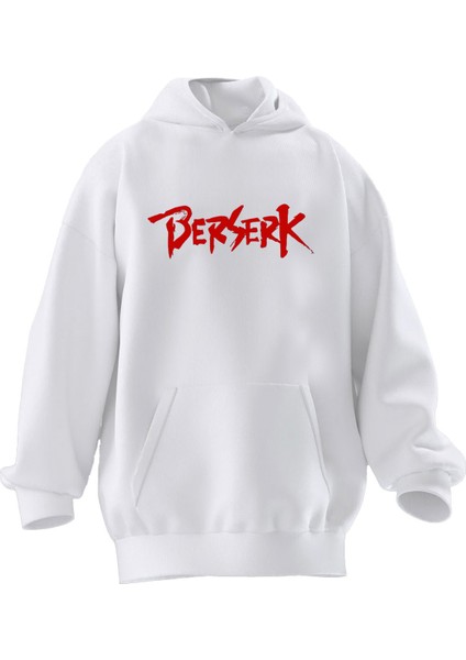 Unisex Premium Pamuk Beyaz Berserk Baskılı 3 Iplik Kapüşonlu Sweatshirt