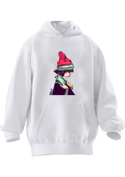 Unisex Premium Pamuk Beyaz Kırmızı Başlıklı Kız Baskılı 3 Iplik Kapüşonlu Sweatshirt