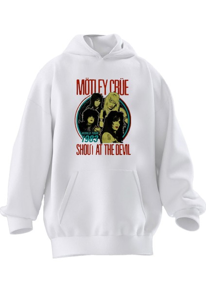 Unisex Premium Pamuk Beyaz Mötley Crüe Poster Baskılı 3 Iplik Kapüşonlu Sweatshirt