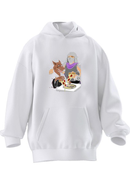Unisex Premium Pamuk Beyaz Splinter Usta Pizza Baskılı 3 Iplik Kapüşonlu Sweatshirt