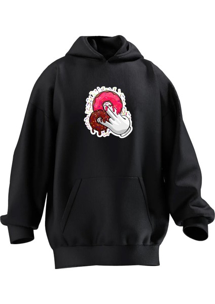 Unisex Premium Pamuk Siyah Ikili Donut Baskılı 3 Iplik Kapüşonlu Sweatshirt
