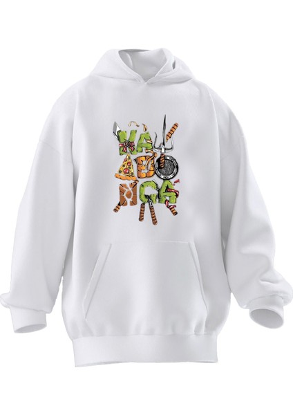 Unisex Premium Pamuk Beyaz Kaplumbağa Desen Baskılı 3 Iplik Kapüşonlu Sweatshirt