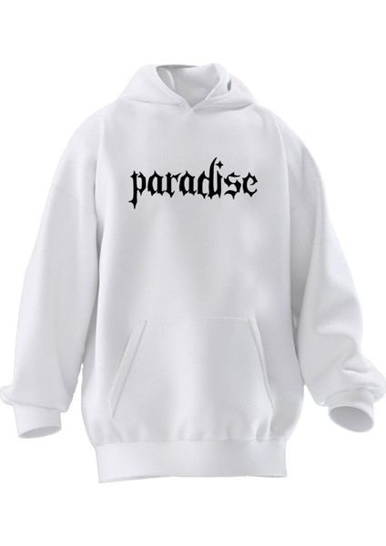 Unisex Premium Pamuk Beyaz Paradise Yazı Baskılı 3 Iplik Kapüşonlu Sweatshirt