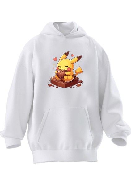 Unisex Premium Pamuk Beyaz Pikachu Çikolata Baskılı 3 Iplik Kapüşonlu Sweatshirt