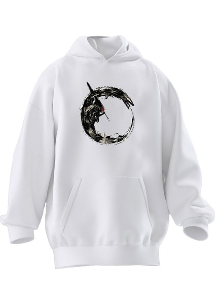 Unisex Premium Pamuk Beyaz Surf Dalga Anime Baskılı 3 Iplik Kapüşonlu Sweatshirt