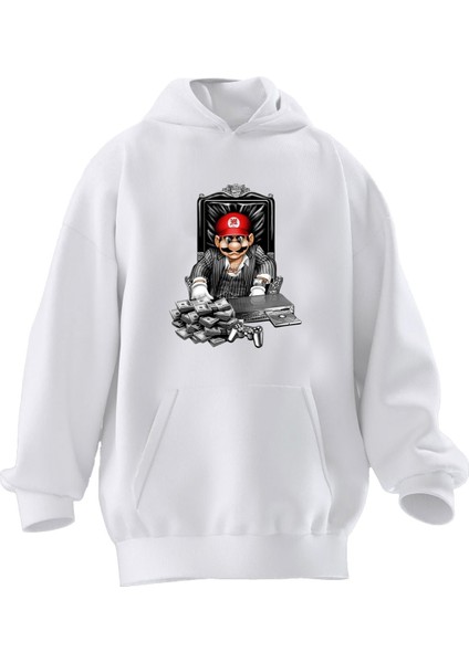 Unisex Premium Pamuk Beyaz Süper Mario Para Baskılı 3 Iplik Kapüşonlu Sweatshirt