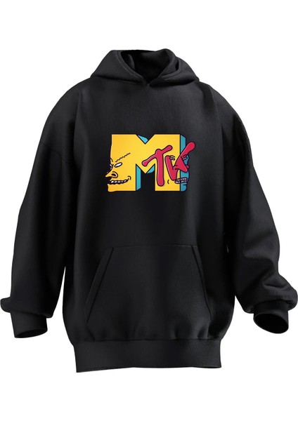 Unisex Premium Pamuk Siyah M Harf Baskılı 3 Iplik Kapüşonlu Sweatshirt