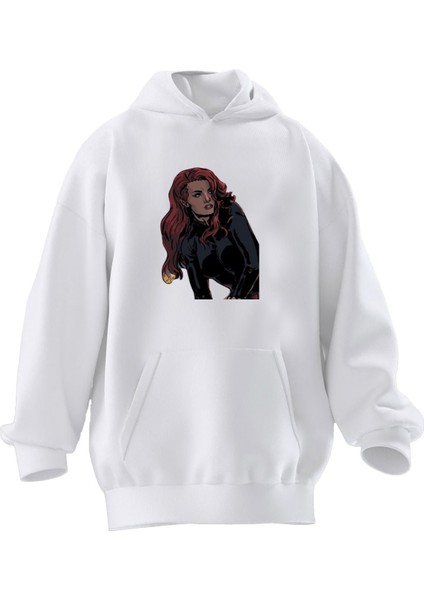 Unisex Premium Pamuk Beyaz Kadın Kahraman Baskılı 3 Iplik Kapüşonlu Sweatshirt