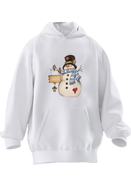 Unisex Premium Pamuk Beyaz Kardan Adam Baskılı 3 Iplik Kapüşonlu Sweatshirt