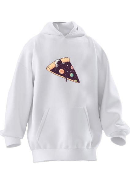 Unisex Premium Pamuk Beyaz Pizza Astronot Baskılı 3 Iplik Kapüşonlu Sweatshirt
