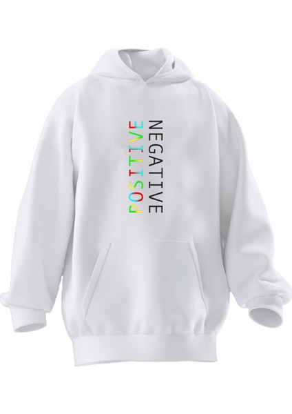Unisex Premium Pamuk Beyaz Positive Negative Baskılı 3 Iplik Kapüşonlu Sweatshirt