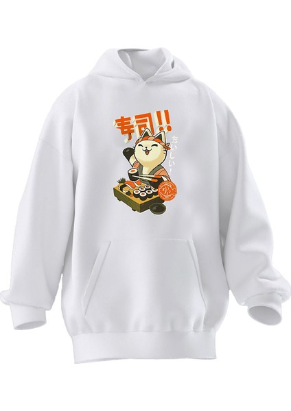 Unisex Premium Pamuk Beyaz Sushi Kedi Japon Baskılı 3 Iplik Kapüşonlu Sweatshirt