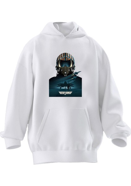 Unisex Premium Pamuk Beyaz Top Gun Pilot Baskılı 3 Iplik Kapüşonlu Sweatshirt