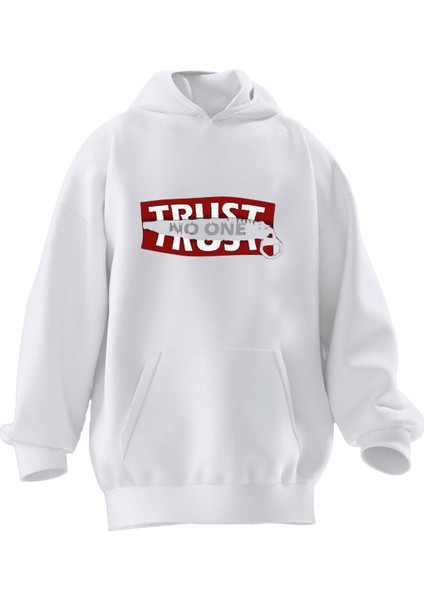 Unisex Premium Pamuk Beyaz Trust Fermuar Baskılı 3 Iplik Kapüşonlu Sweatshirt