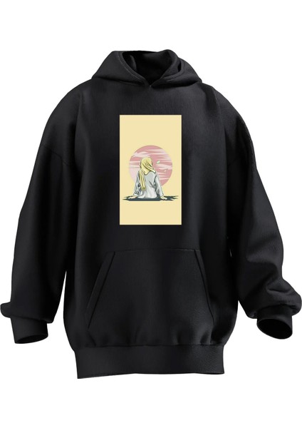 Unisex Premium Pamuk Siyah Çöl Poster Baskılı 3 Iplik Kapüşonlu Sweatshirt