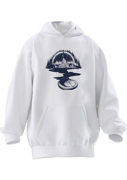 Unisex Premium Pamuk Beyaz Pusula Dağ Yolu Baskılı 3 Iplik Kapüşonlu Sweatshirt