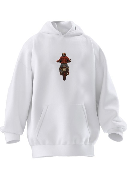 Unisex Premium Pamuk Beyaz Küçük Chapper Motor Baskılı 3 Iplik Kapüşonlu Sweatshirt