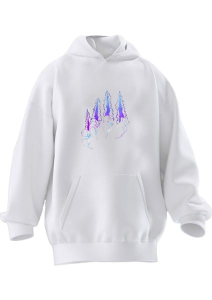 Unisex Premium Pamuk Beyaz Pençe Renkli Baskılı 3 Iplik Kapüşonlu Sweatshirt