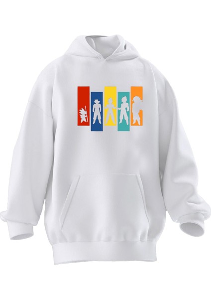 Unisex Premium Pamuk Beyaz Renkli Anime Karakterler Goku Baskılı 3 Iplik Kapüşonlu Sweatshirt