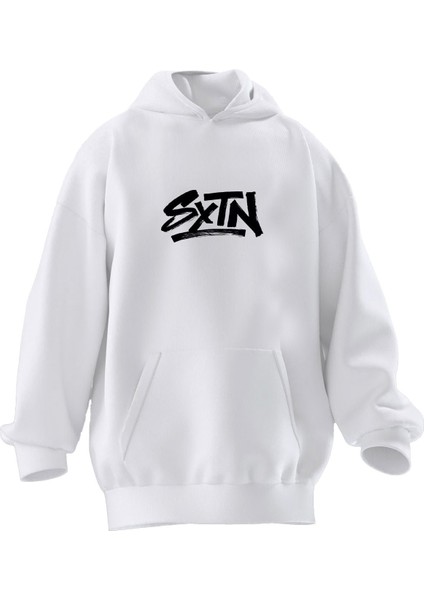 Unisex Premium Pamuk Beyaz Sxtn Baskılı 3 Iplik Kapüşonlu Sweatshirt