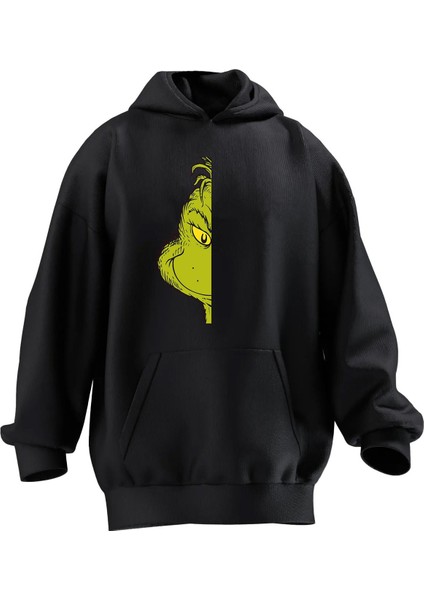 Unisex Premium Pamuk Siyah Yeşil Kurbağa Yarım Baskılı 3 Iplik Kapüşonlu Sweatshirt