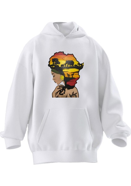Unisex Premium Pamuk Beyaz Afrika Desen Baskılı 3 Iplik Kapüşonlu Sweatshirt