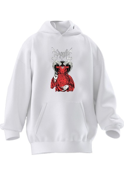 Unisex Premium Pamuk Beyaz Baphomet Kırmızı Şeytan Baskılı 3 Iplik Kapüşonlu Sweatshirt