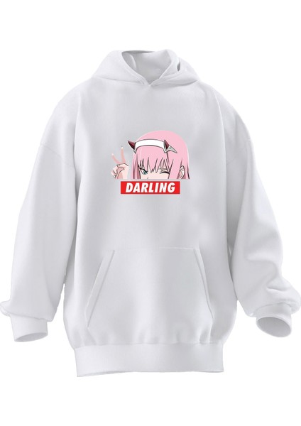 Unisex Premium Pamuk Beyaz Darling Pembe Baskılı 3 Iplik Kapüşonlu Sweatshirt