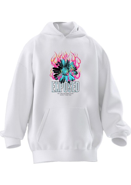 Unisex Premium Pamuk Beyaz Exposed Baskılı 3 Iplik Kapüşonlu Sweatshirt