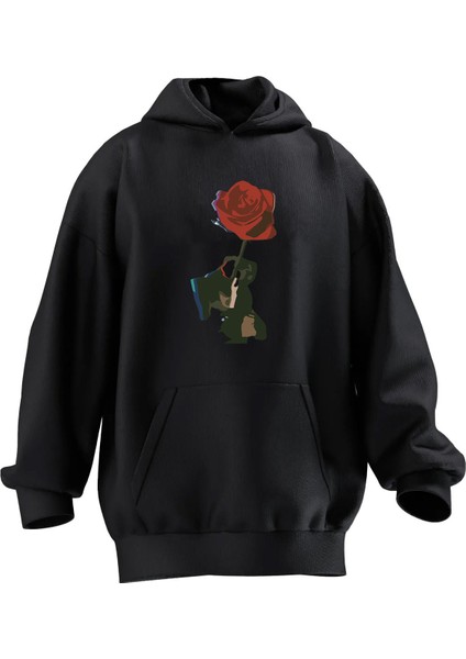 Unisex Premium Pamuk Siyah Kırmızı Gül Resim Baskılı 3 Iplik Kapüşonlu Sweatshirt