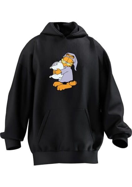 Unisex Premium Pamuk Siyah Mor Pijamalı Garfield Baskılı 3 Iplik Kapüşonlu Sweatshirt