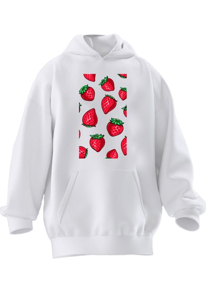 Unisex Premium Pamuk Beyaz Çilekler Desen Baskılı 3 Iplik Kapüşonlu Sweatshirt
