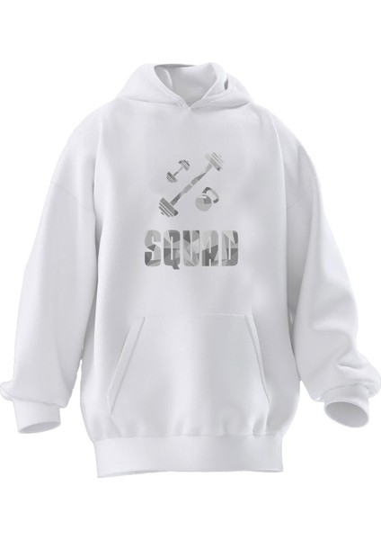Unisex Premium Pamuk Beyaz Gri Squat Baskılı 3 Iplik Kapüşonlu Sweatshirt