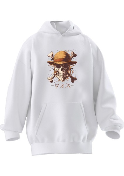 Unisex Premium Pamuk Beyaz Japon Kurukafa Şapkalı Baskılı 3 Iplik Kapüşonlu Sweatshirt