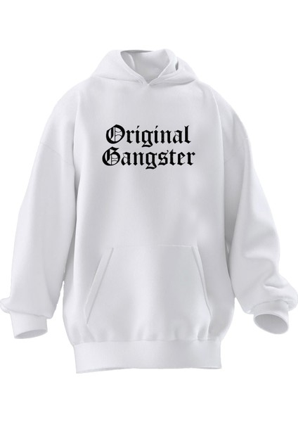 Unisex Premium Pamuk Beyaz Original Gangstar Baskılı 3 Iplik Kapüşonlu Sweatshirt
