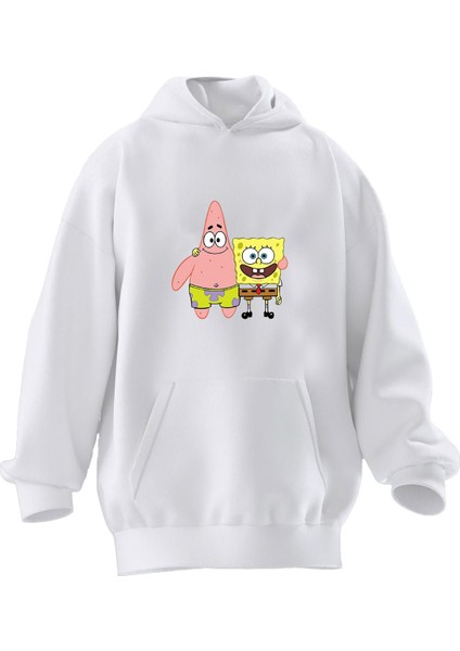Unisex Premium Pamuk Beyaz Sünger Bob Sosis Kanka Baskılı 3 Iplik Kapüşonlu Sweatshirt