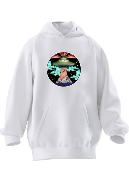 Unisex Premium Pamuk Beyaz Ufo Aracı Düşen Adam Baskılı 3 Iplik Kapüşonlu Sweatshirt