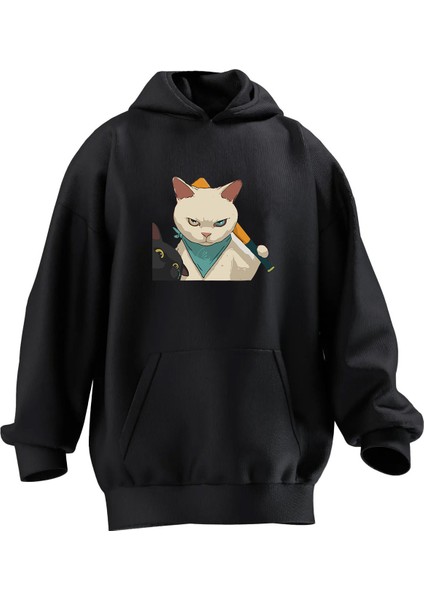 Unisex Premium Pamuk Siyah Beyzball Kedi Baskılı 3 Iplik Kapüşonlu Sweatshirt