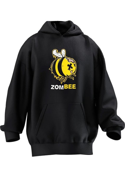 Unisex Premium Pamuk Siyah Zombee Arı Baskılı 3 Iplik Kapüşonlu Sweatshirt