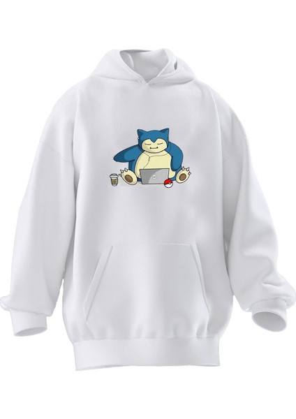 Unisex Premium Pamuk Beyaz Aylak Pokemon Baskılı 3 Iplik Kapüşonlu Sweatshirt